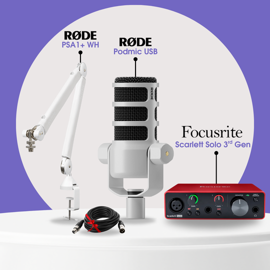 RODE White Studio Pack – PodMic + PSA1+ + Scarlett Solo 3rd Gen